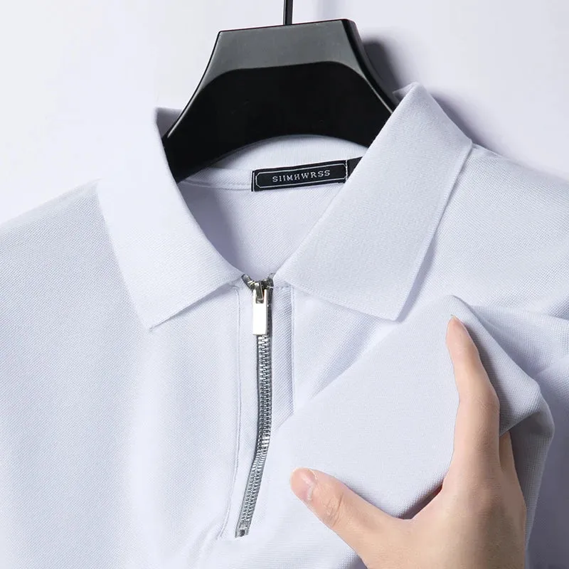 New Men's Solid Color Polo Shirt Short Sleeve Zipper Tshirts for Men Summer Lightweight Streetwear Fitness Breathable Large Tops