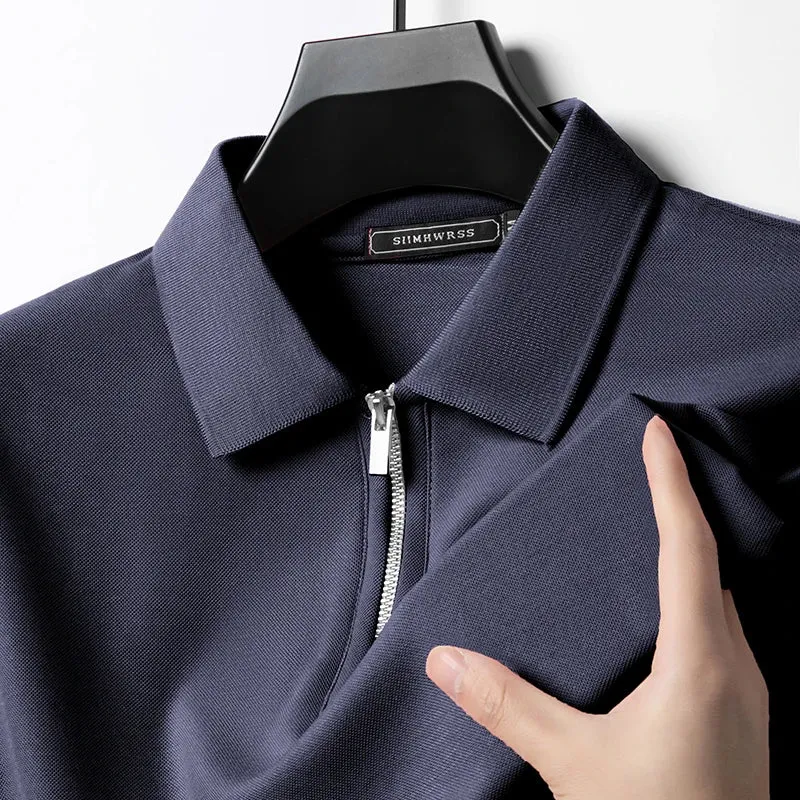 New Men's Solid Color Polo Shirt Short Sleeve Zipper Tshirts for Men Summer Lightweight Streetwear Fitness Breathable Large Tops