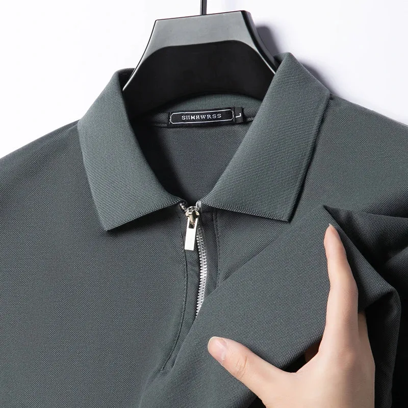 New Men's Solid Color Polo Shirt Short Sleeve Zipper Tshirts for Men Summer Lightweight Streetwear Fitness Breathable Large Tops