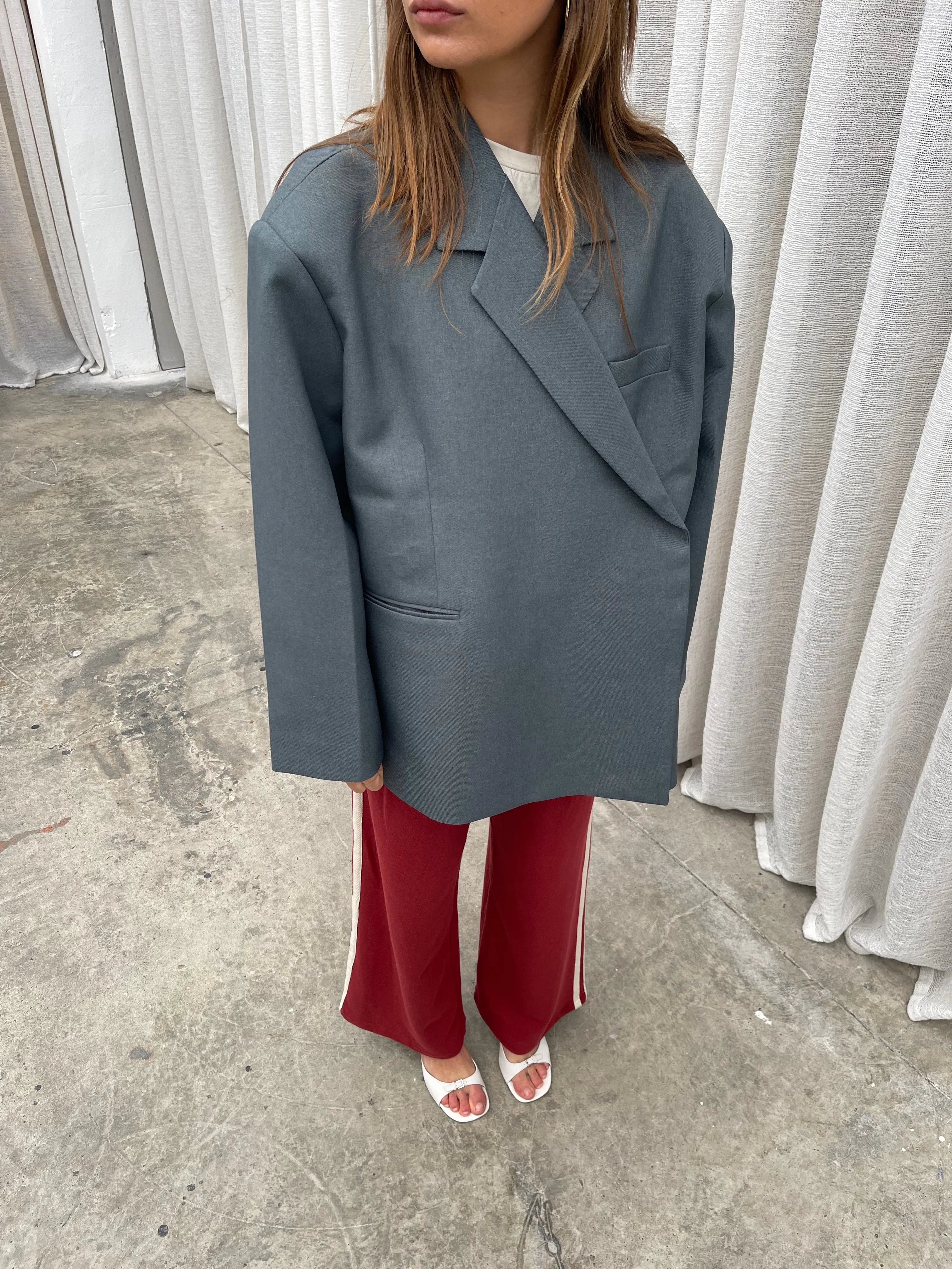Oversized Side Slit Blazer Steel Blue