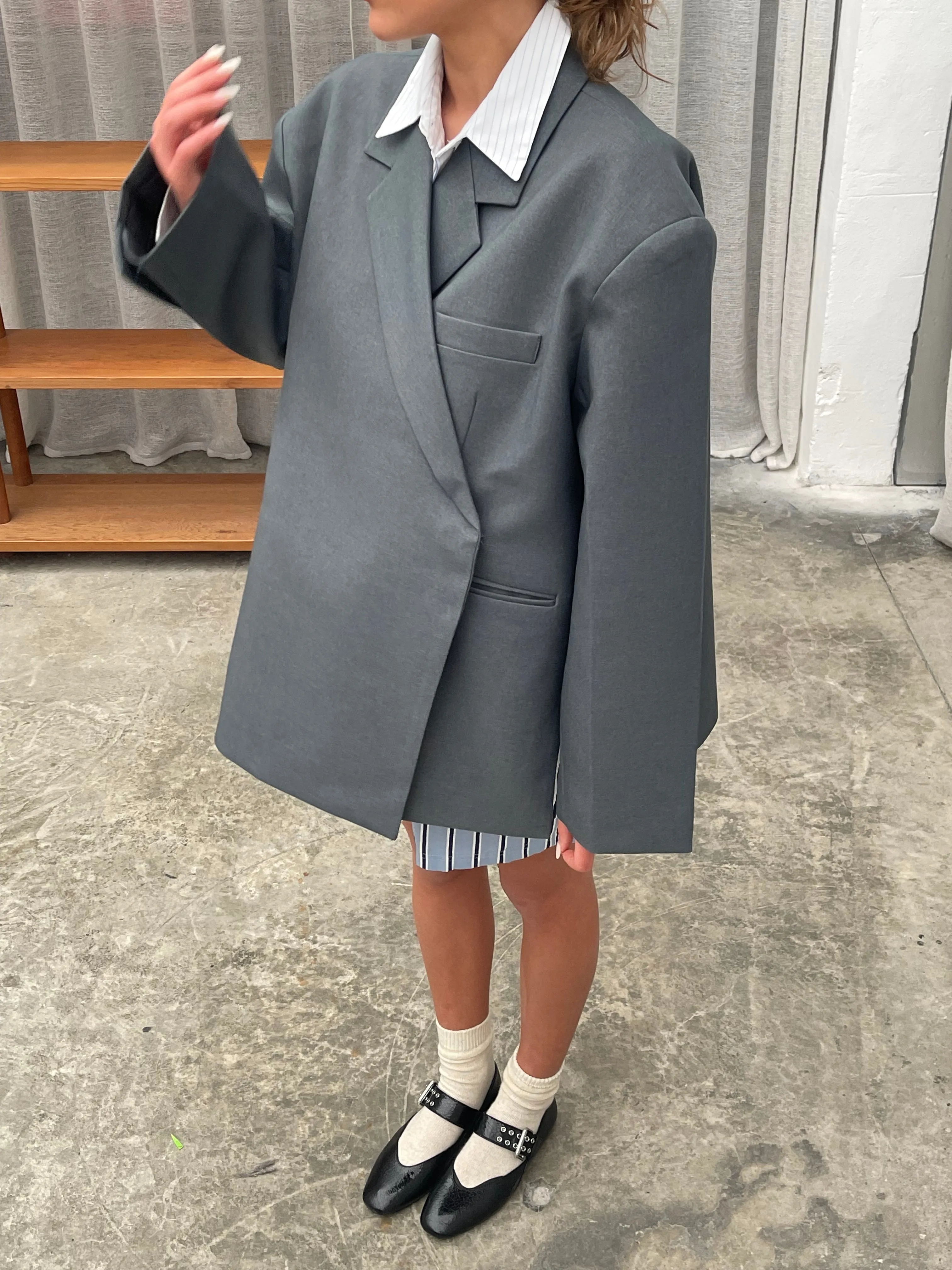 Oversized Side Slit Blazer Steel Blue