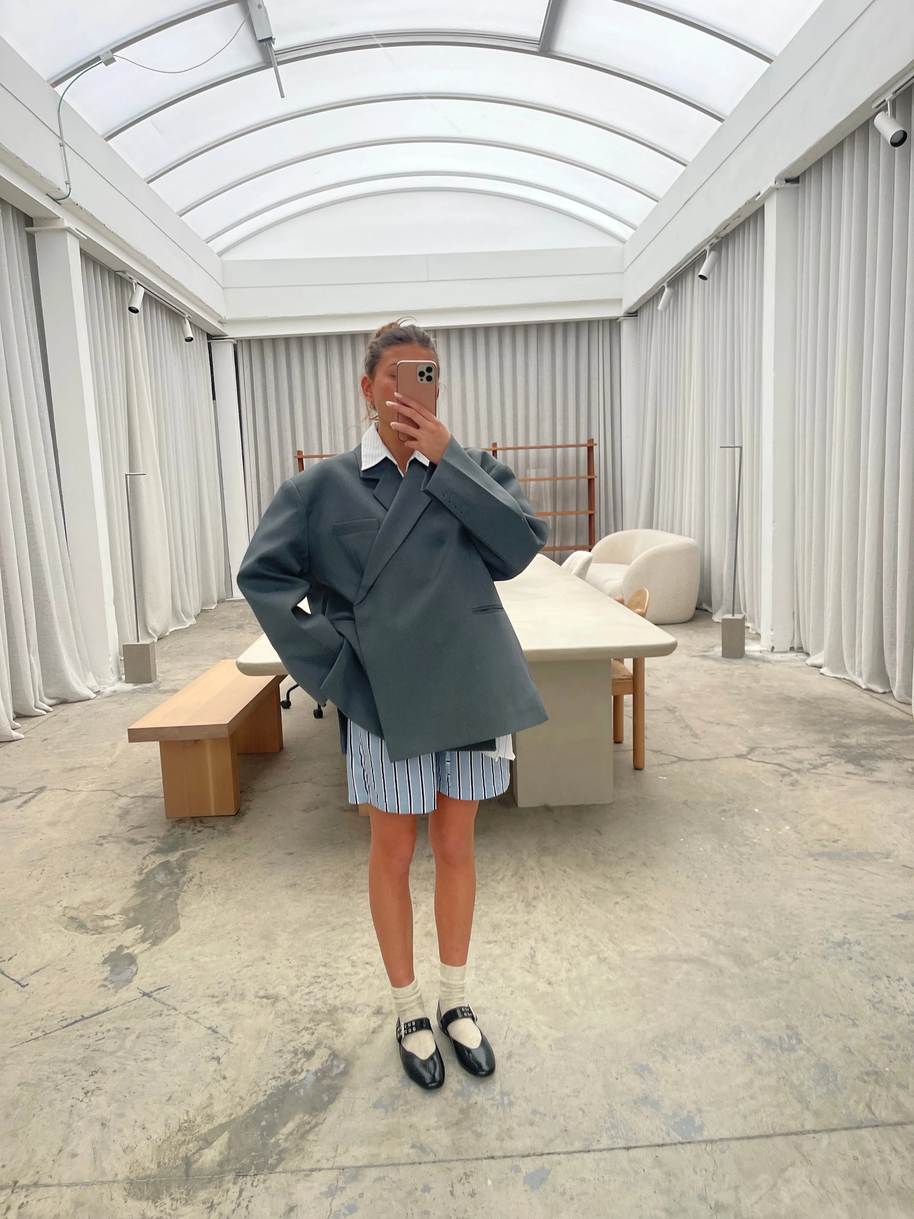 Oversized Side Slit Blazer Steel Blue