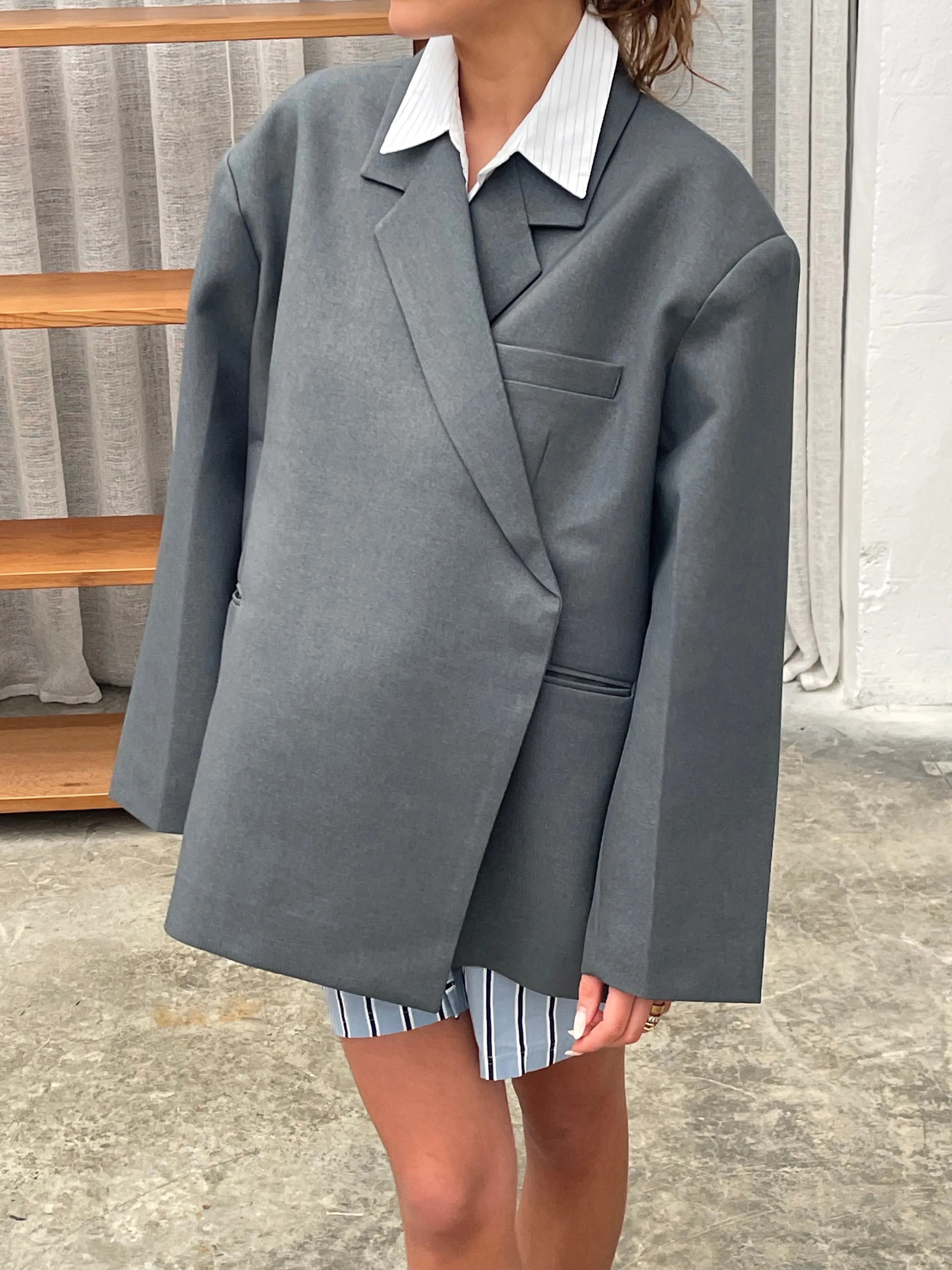 Oversized Side Slit Blazer Steel Blue