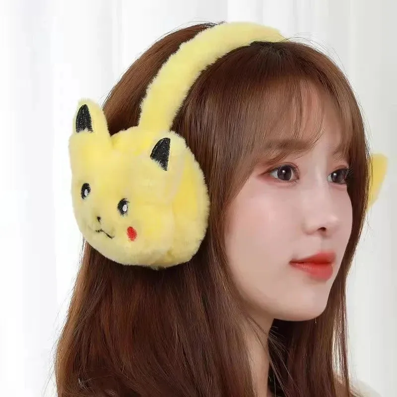 Pikachu Plush Earmuffs Cute Soft Anime Cartoon Earmuffs Plush Winter Warm Earmuffs Headphone for over 6 Year Old Kids Adult