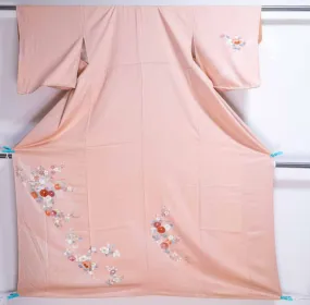 Pink Homongi - Vintage Formal Women's Japanese Kimono - Hand Painted Paint Splatter Peonies Botan