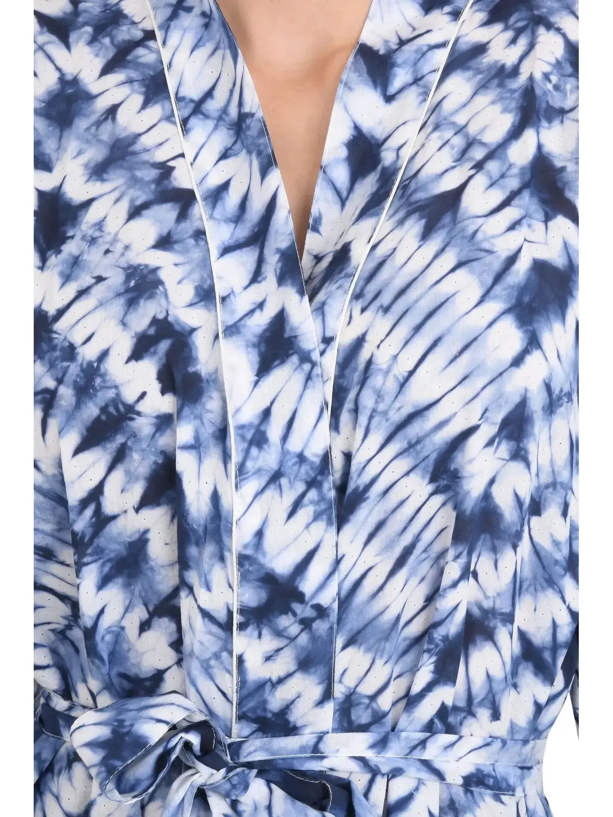 Pure Cotton Kimono Indian Handprinted Boho House Robe Summer Dress | White Blue Tie Dye Print | Beach Cover Up Wear | Christmas Present