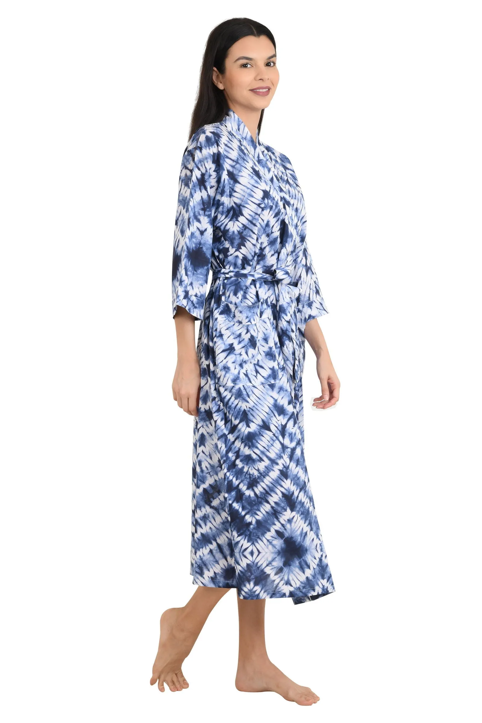 Pure Cotton Kimono Indian Handprinted Boho House Robe Summer Dress | White Blue Tie Dye Print | Beach Cover Up Wear | Christmas Present