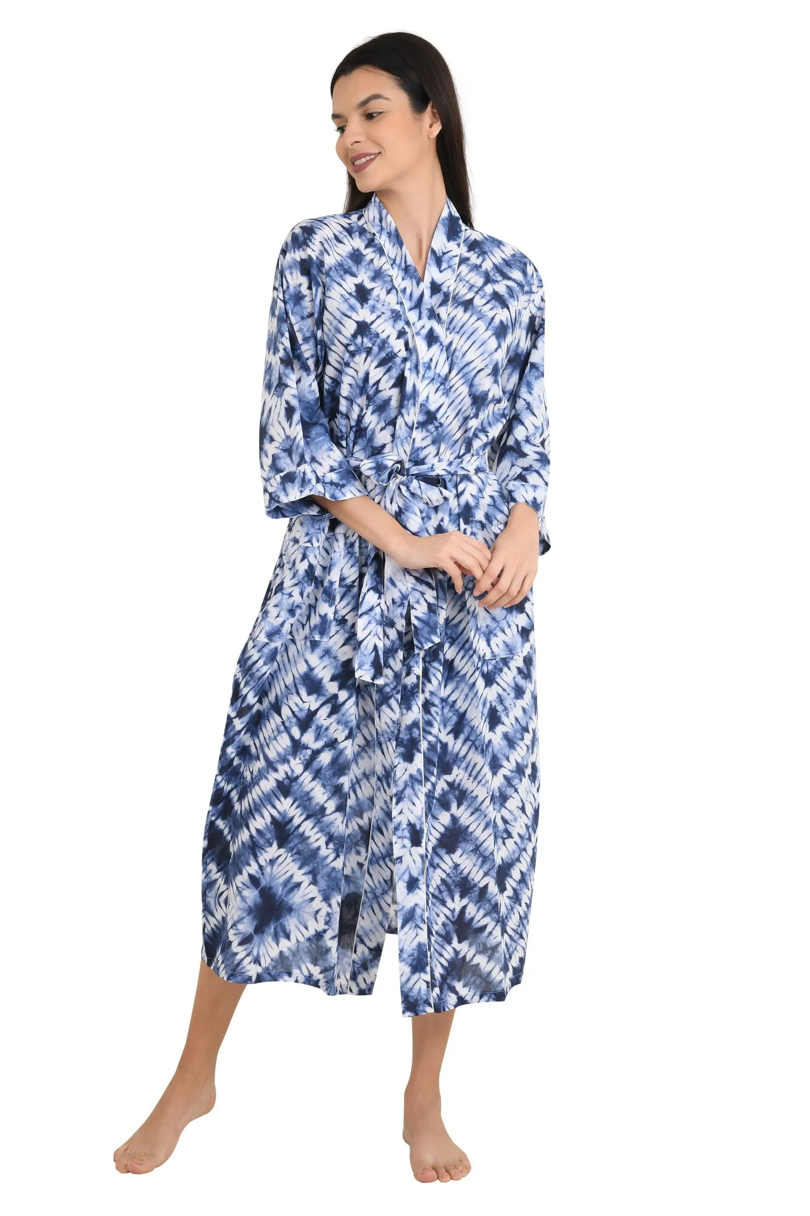 Pure Cotton Kimono Indian Handprinted Boho House Robe Summer Dress | White Blue Tie Dye Print | Beach Cover Up Wear | Christmas Present
