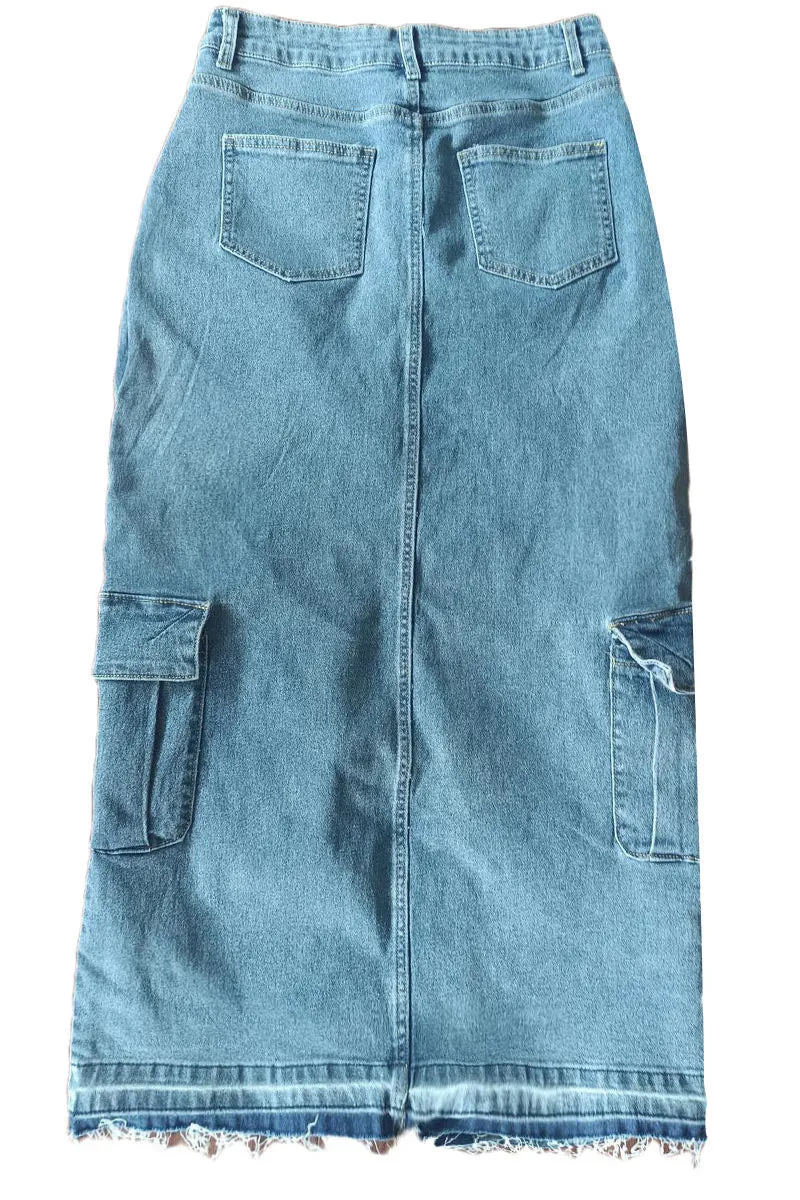 QG0467 Denim Cargo Long Skirt