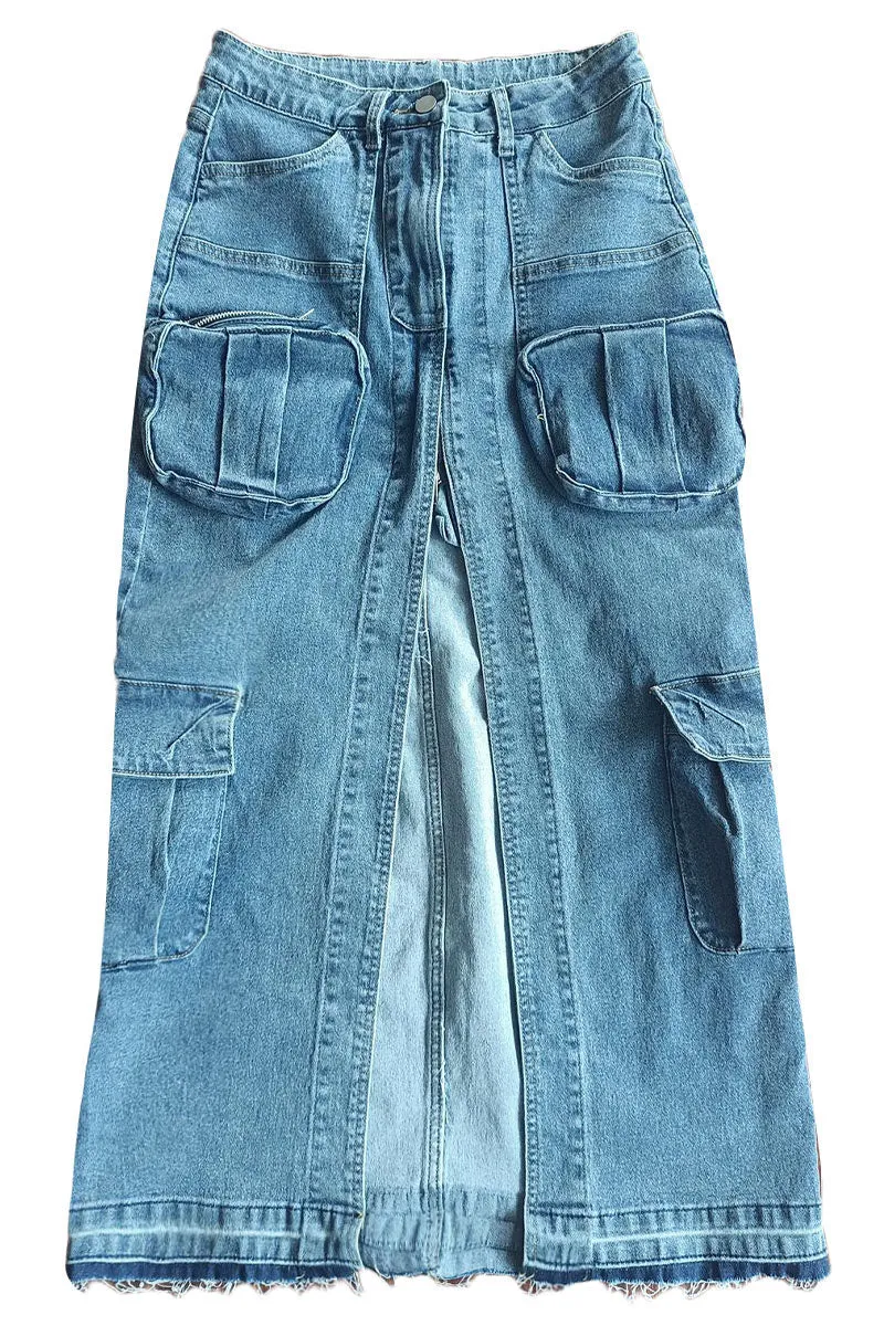 QG0467 Denim Cargo Long Skirt