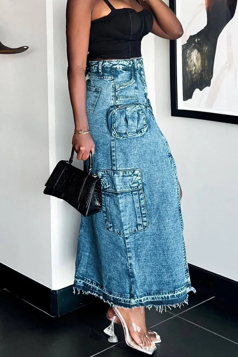 QG0467 Denim Cargo Long Skirt
