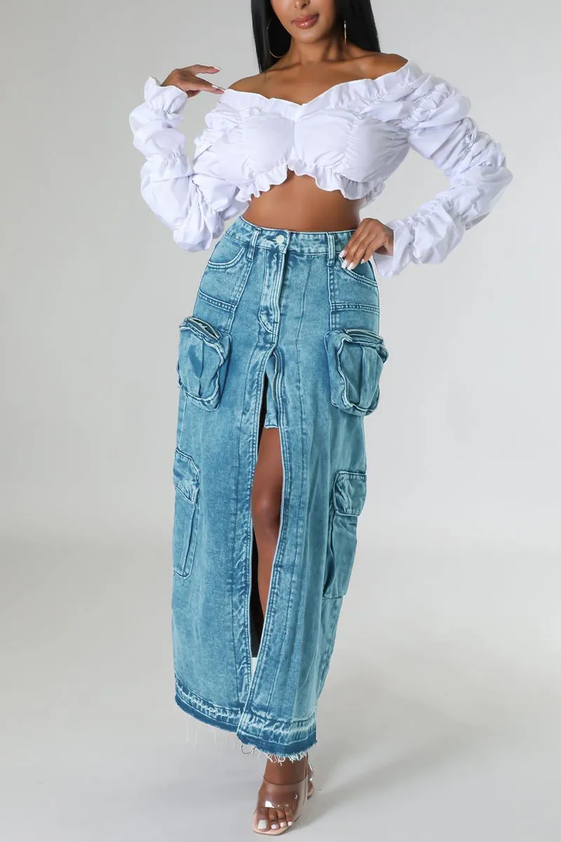 QG0467 Denim Cargo Long Skirt