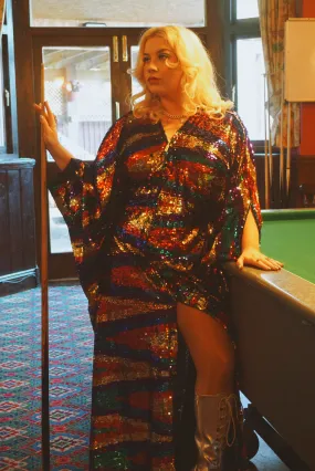 Rainbow Red, Green, holographic Blue Purple and Gold Ziggy Kimono Robe Kaftan Gown Zip Front Combo