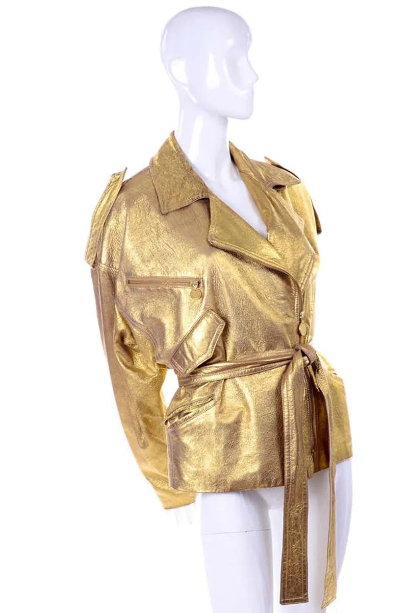 RESERVED // Donna Karan Gold Leather Moto Jacket w/ Attached Belt