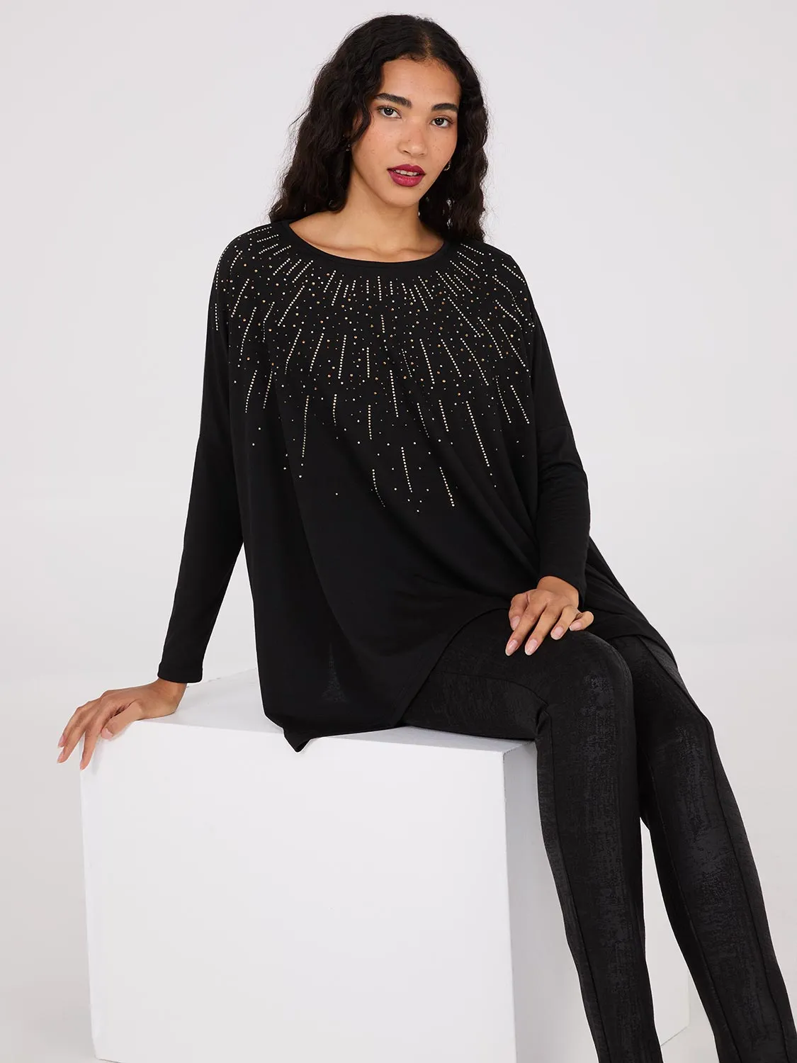Rhinestone Handkerchief Hem Tunic Top