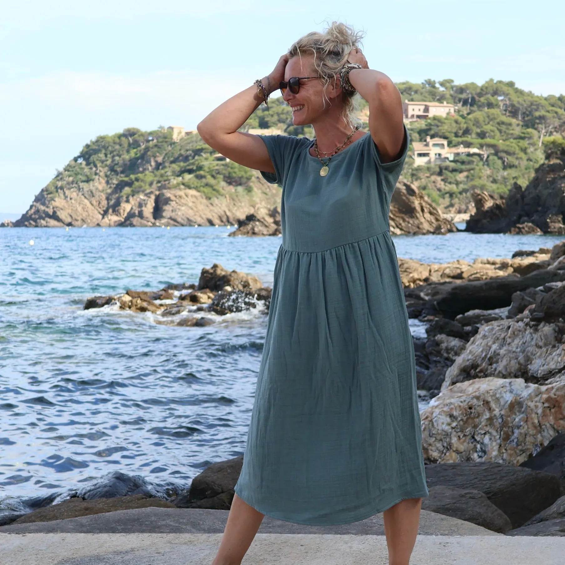 Robe Elsie double gaze de coton vert cactus