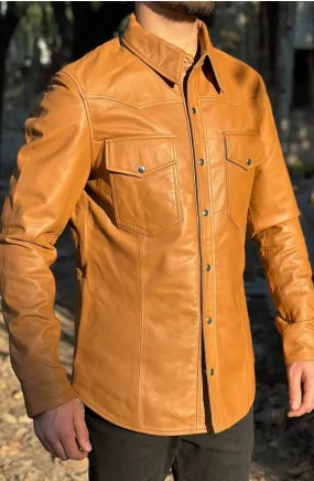 Rocky Genuine Tan Leather Shirt Jacket Men Biker Motorcycle