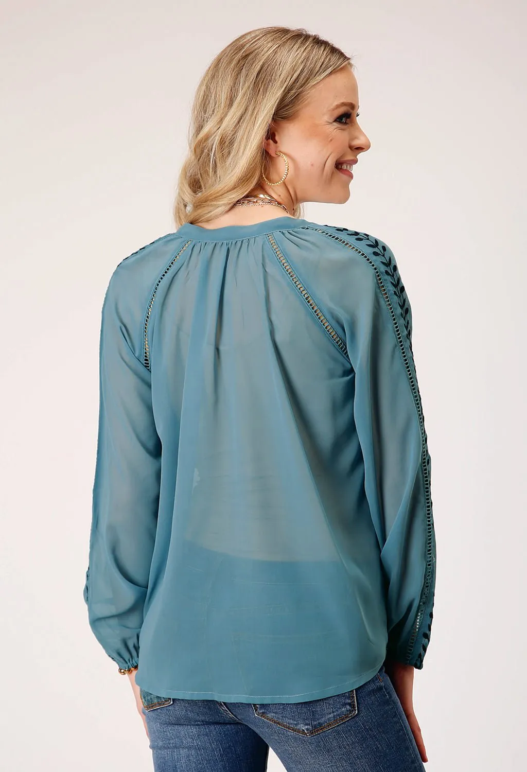 Roper Womens Sheer Floral Blue 100% Polyester L/S Tunic