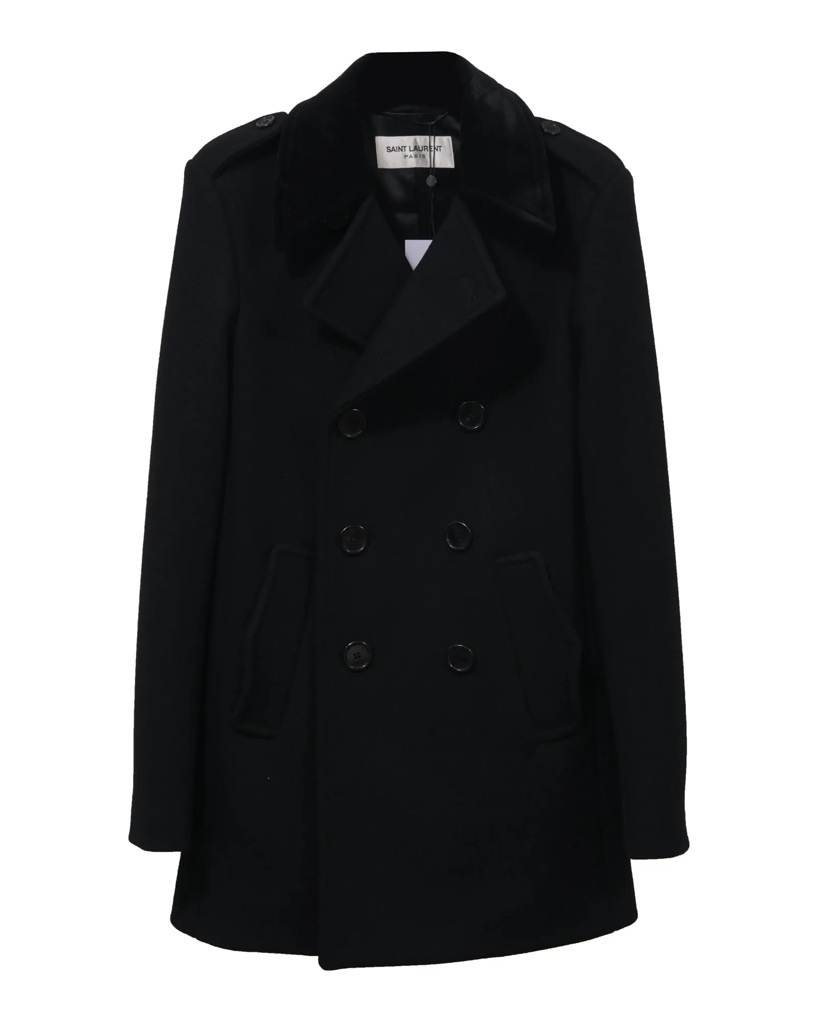 Saint Laurent Double-Breasted Short Coat in Black Wool