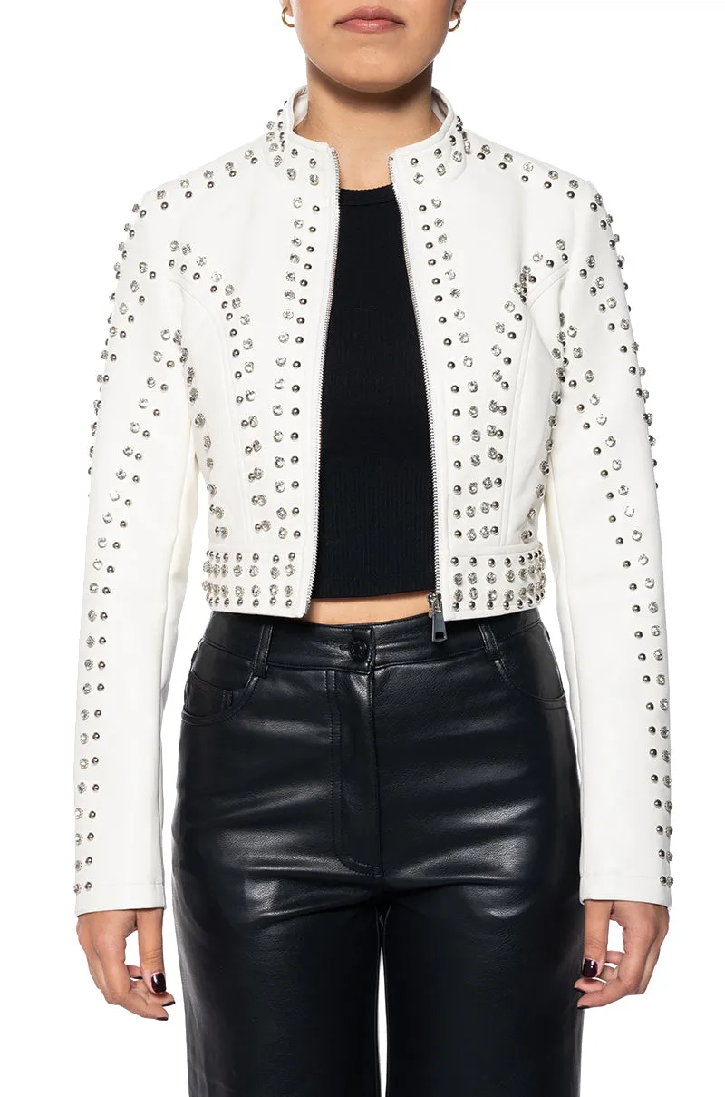 SILVIA-NEW WHITE CRYSTAL MOTO JACKET