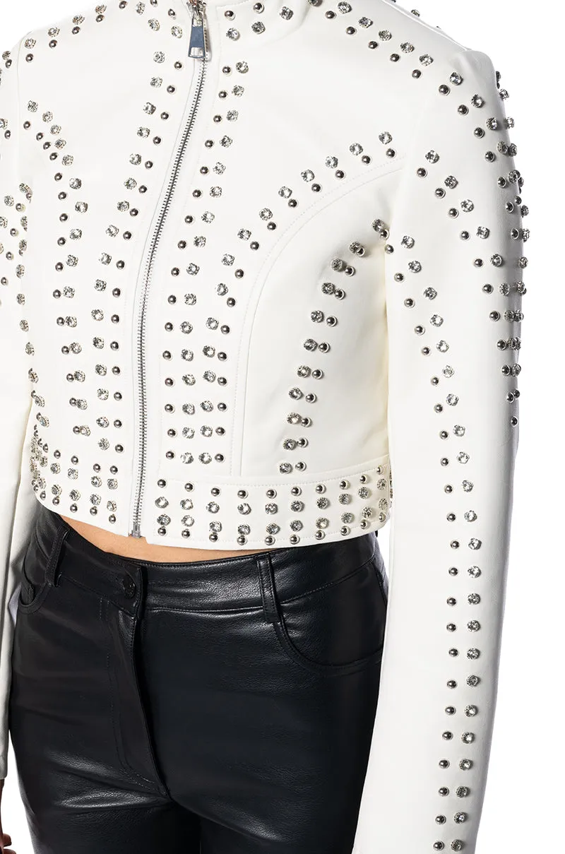 SILVIA-NEW WHITE CRYSTAL MOTO JACKET