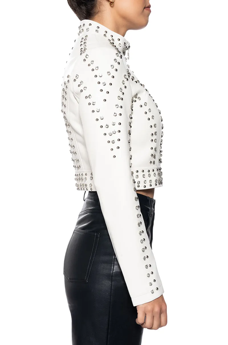 SILVIA-NEW WHITE CRYSTAL MOTO JACKET