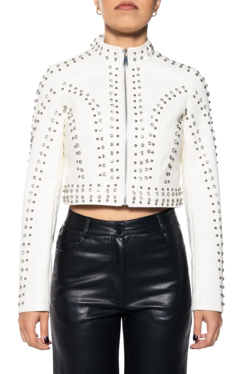 SILVIA-NEW WHITE CRYSTAL MOTO JACKET