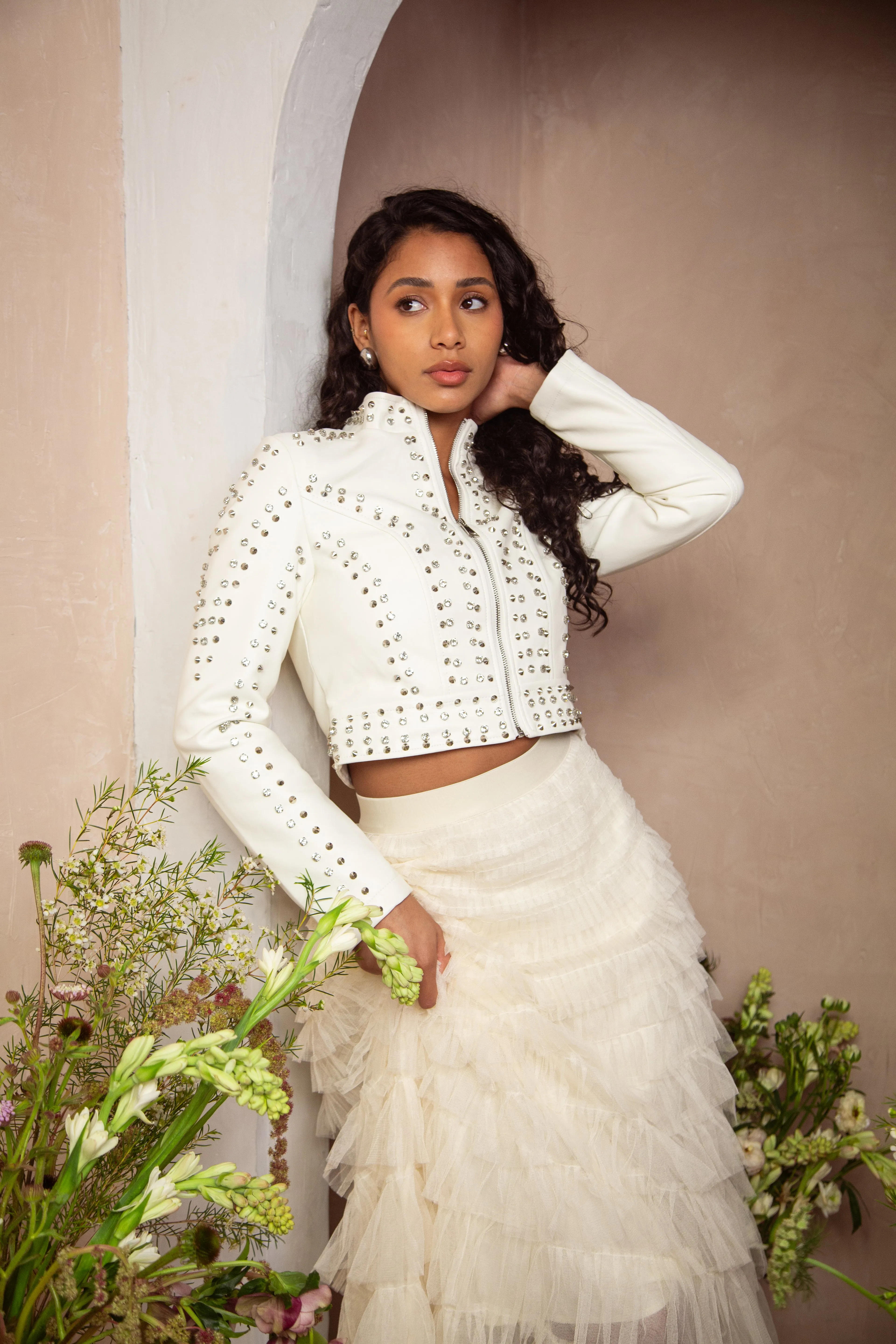 SILVIA-NEW WHITE CRYSTAL MOTO JACKET