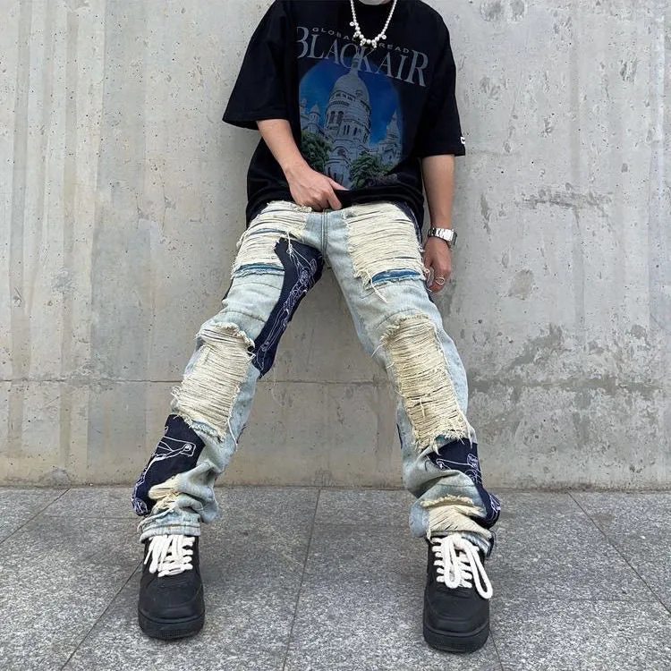 Spring Y2K Men's Vintage Ripped Jeans Clothes Fashion Trousers Cross Splicing Streetwear Straight Baggy Trousers Pants For Men