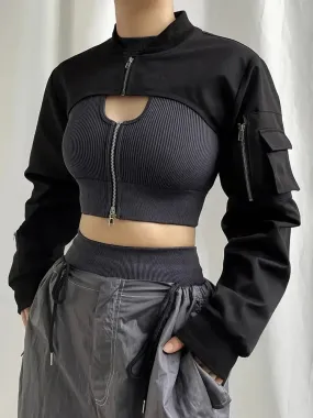 Stand Collar Cropped Jacket | Black Techwear Street Style