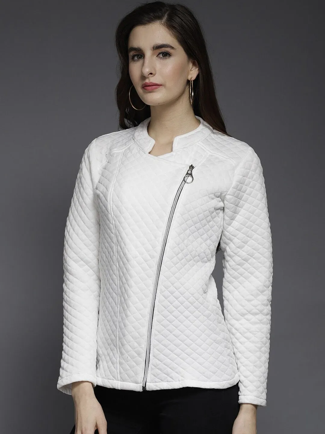 Stand Collar Self Design Fleece Biker Jacket | QAWACH