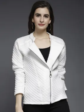 Stand Collar Self Design Fleece Biker Jacket | QAWACH