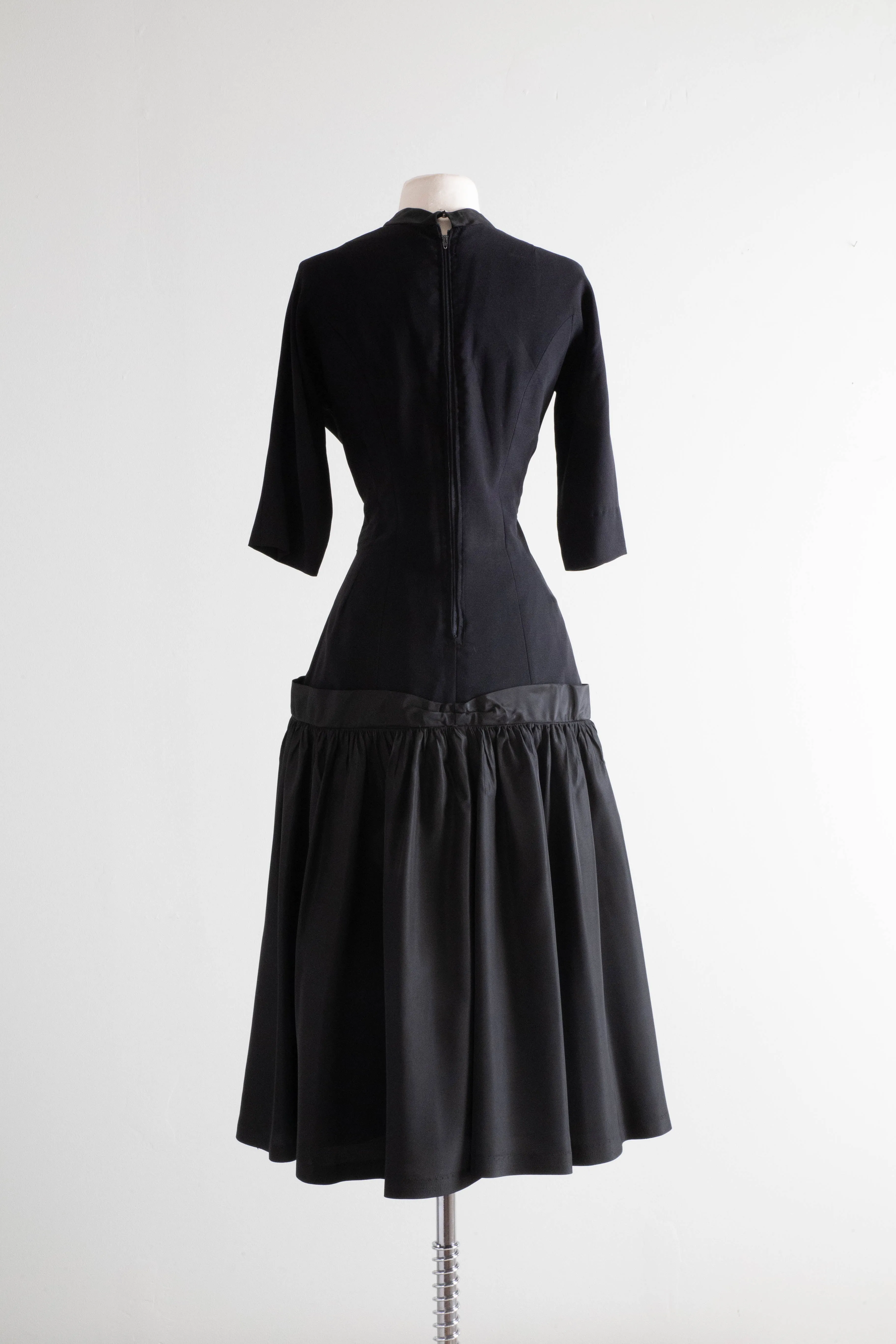 Stunning 1950's Hourglass Black Cocktail Dress With Taffeta Flared Skirt / Medium
