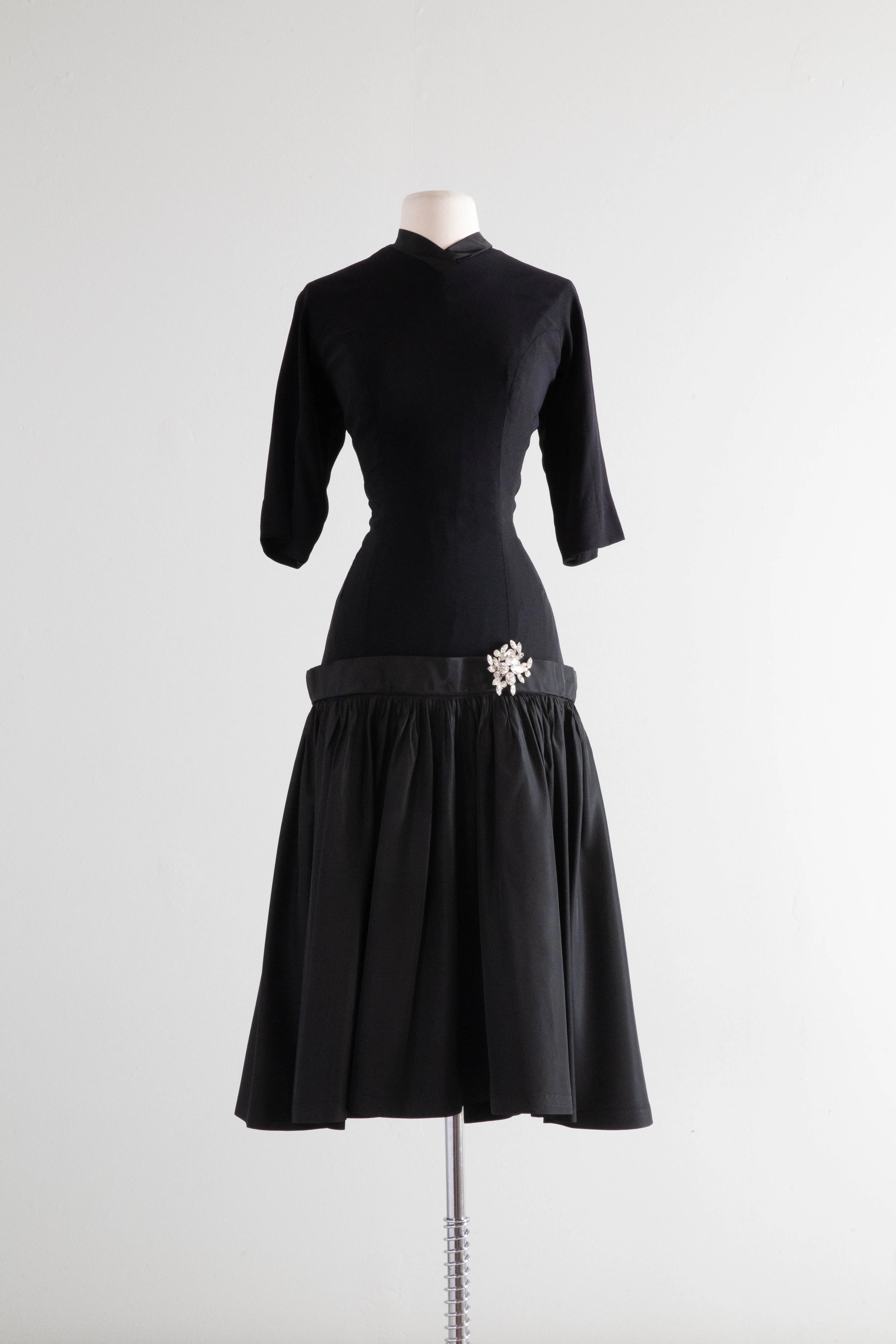 Stunning 1950's Hourglass Black Cocktail Dress With Taffeta Flared Skirt / Medium