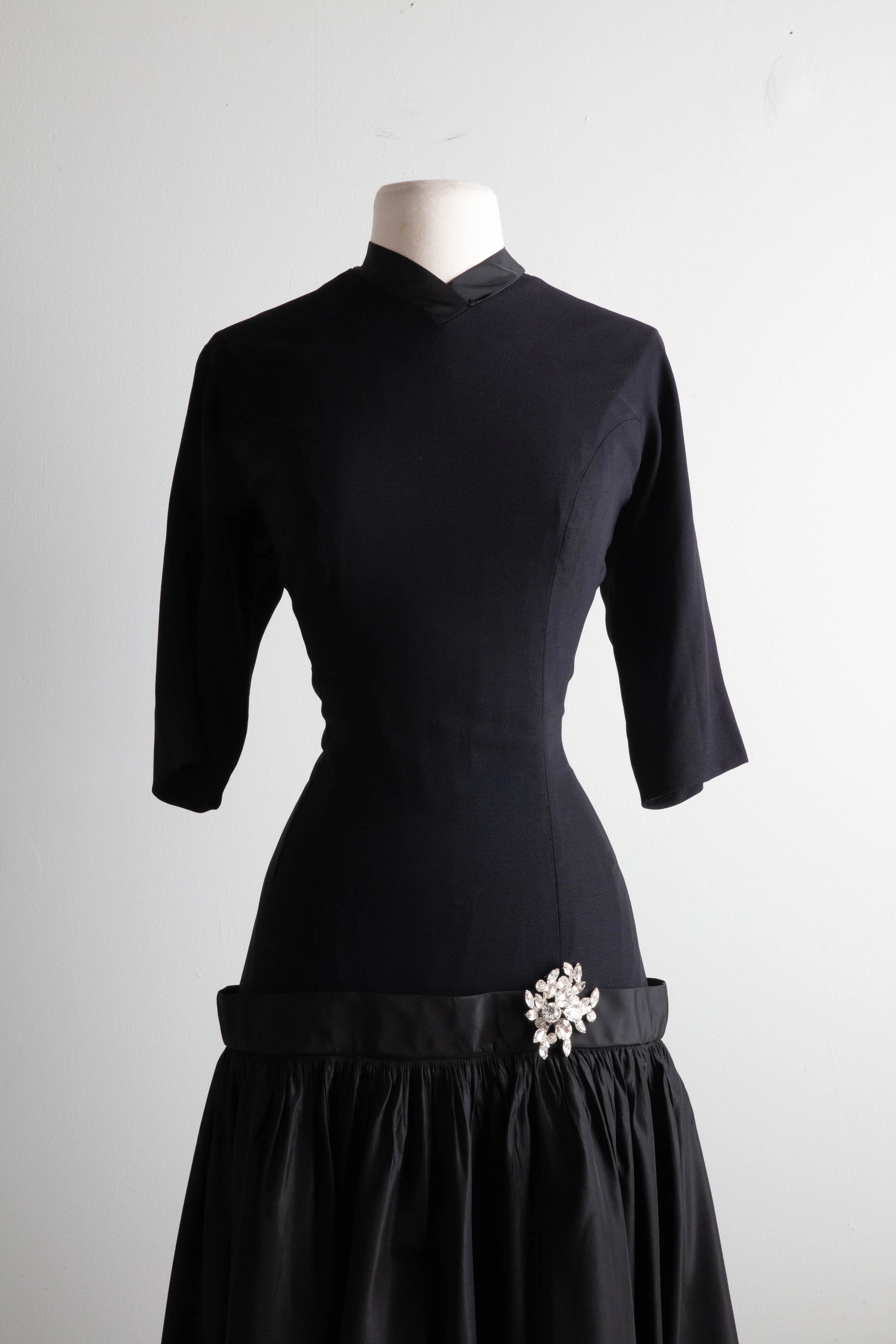 Stunning 1950's Hourglass Black Cocktail Dress With Taffeta Flared Skirt / Medium