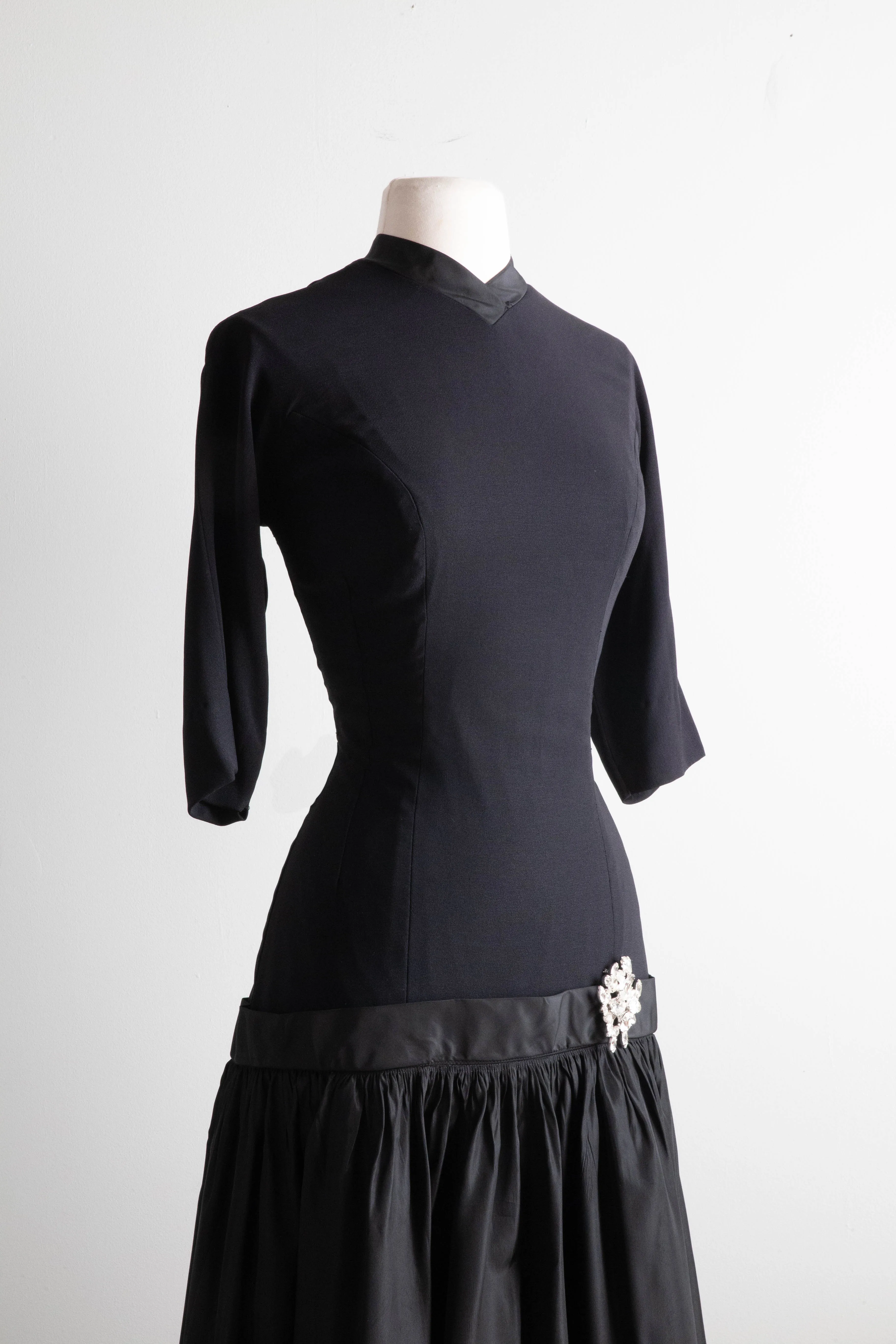 Stunning 1950's Hourglass Black Cocktail Dress With Taffeta Flared Skirt / Medium