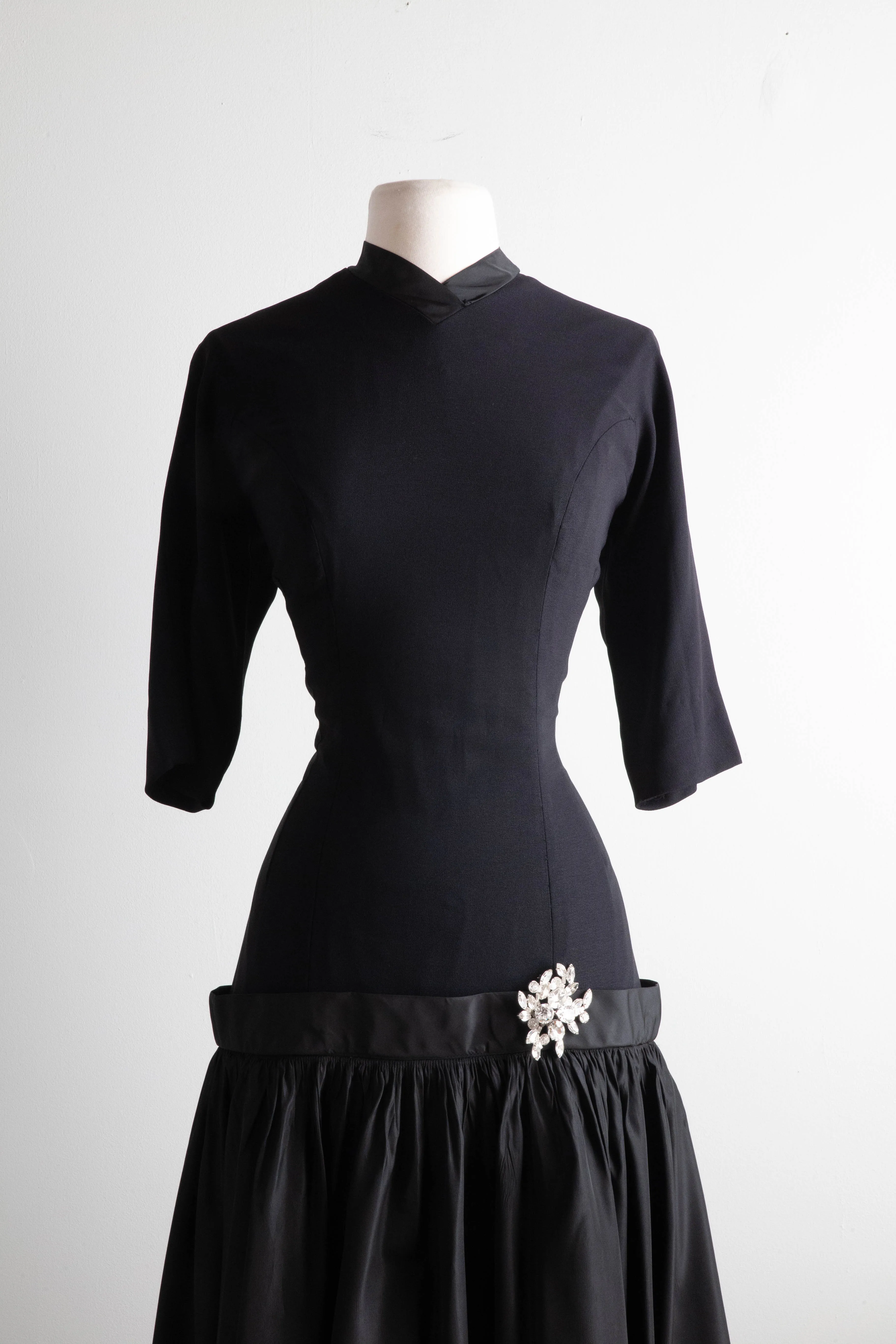 Stunning 1950's Hourglass Black Cocktail Dress With Taffeta Flared Skirt / Medium