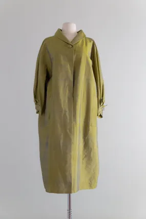 Stunning 1950's Star of Siam Iridescent Autumn Green Silk Cocoon Coat / ML