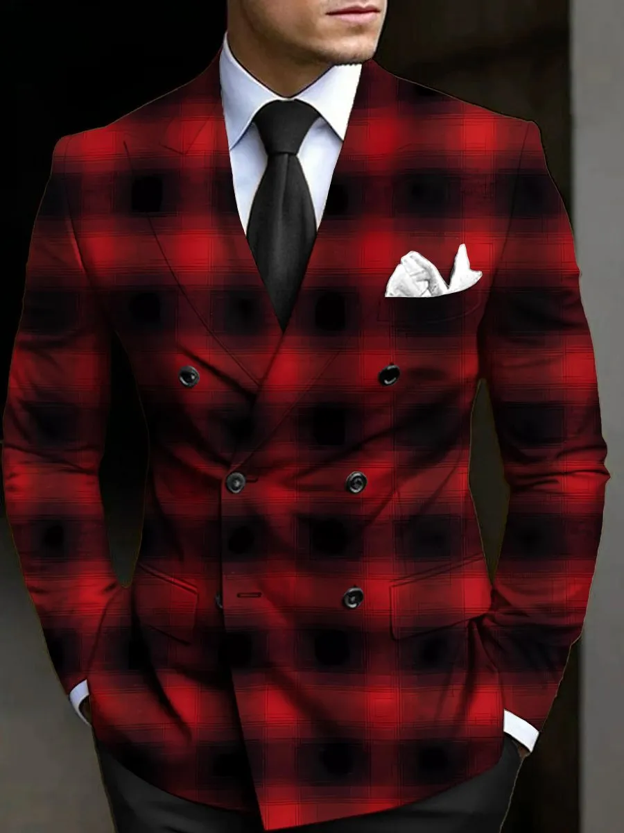 Stylish Plaid Print Casual Double Breasted Blazer