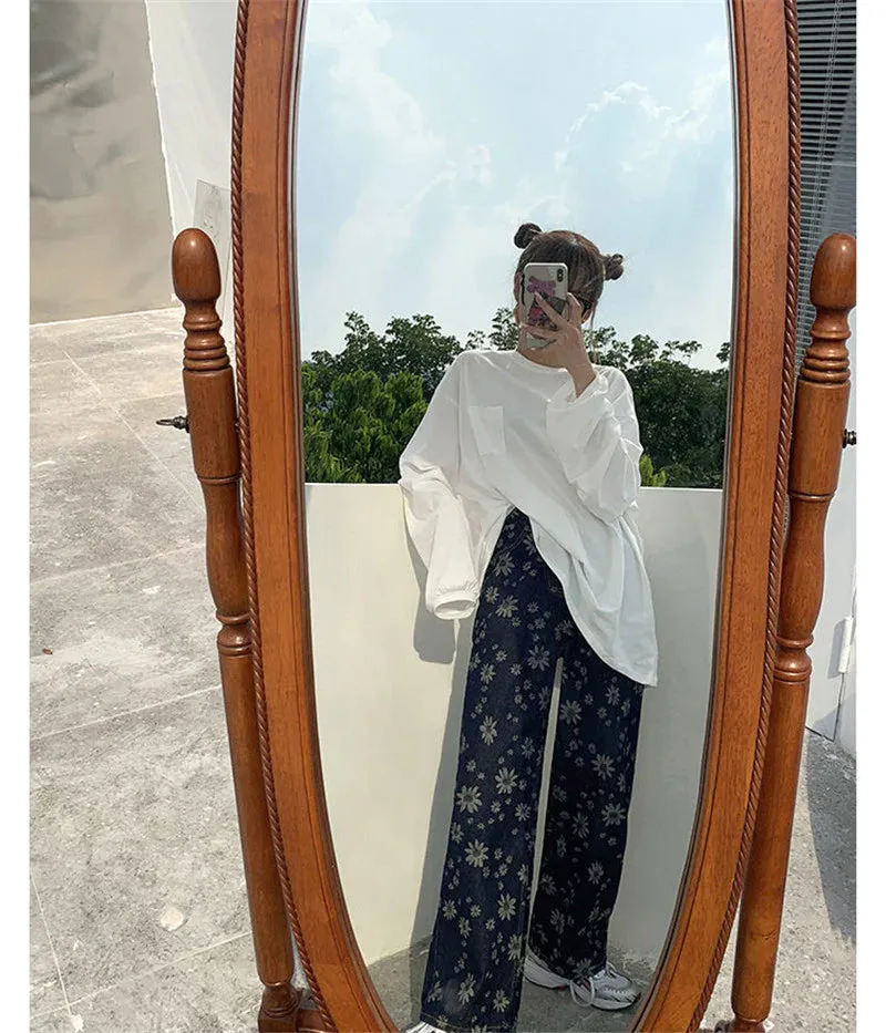 Sunflower Printed Wide Leg Denim Jeans Pants