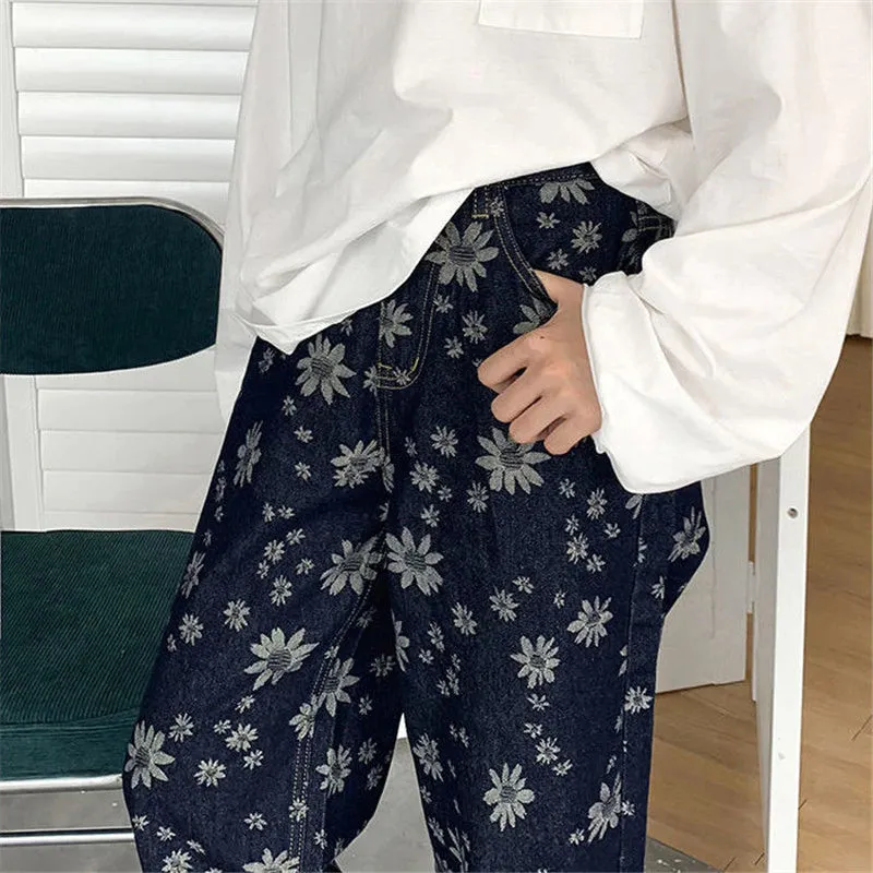 Sunflower Printed Wide Leg Denim Jeans Pants