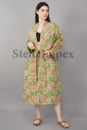 Trendy Cotton Kimono Elegant Green & Pink Floral Bathrobe Resort Wear Beach Bikini Cover-ups Boho Kimono Bathrobe, Gift for Her
