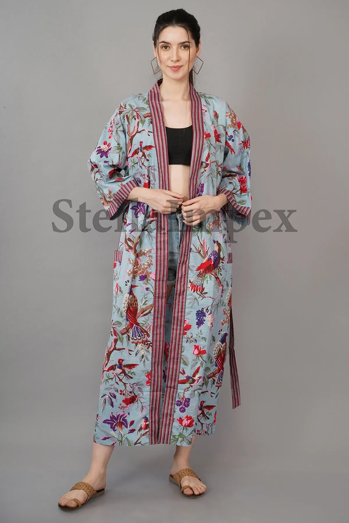 Trendy Cotton Kimono Elegant Grey & Red Bathrobe Resort Wear Beach Bikini Cover-ups Boho Kimono Bathrobe, Gift for Her
