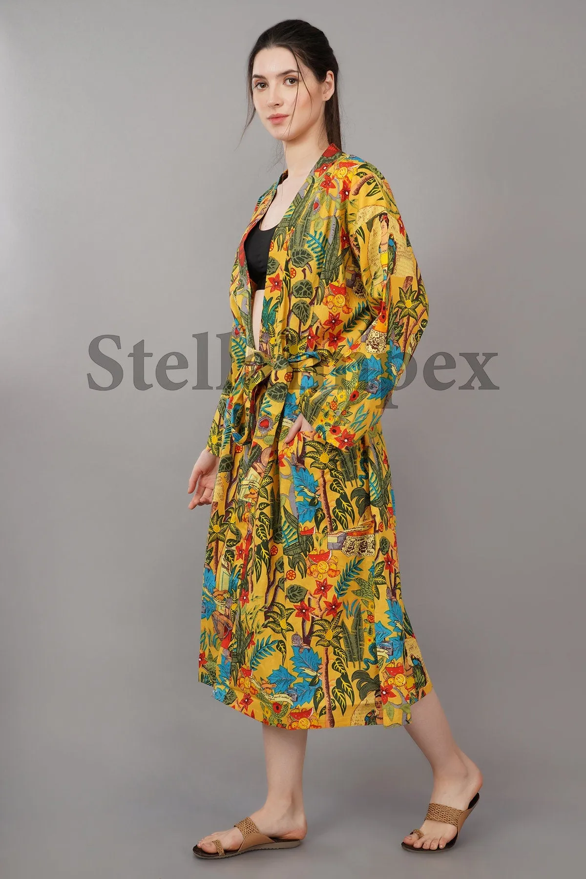 Trendy Cotton Kimono Elegant Yellow Frida Print Bathrobe Resort Wear Beach Bikini Cover-ups Boho Kimono Bathrobe, Gift for Her
