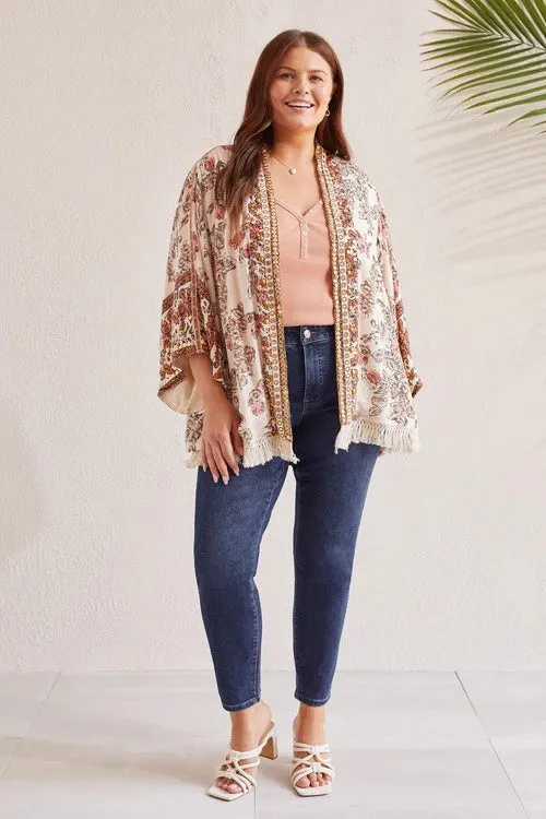 TRIBAL WOMEN'S EMBELLISHED LINED KIMONO -  CASHEW
