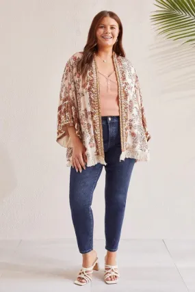 TRIBAL WOMEN'S EMBELLISHED LINED KIMONO -  CASHEW