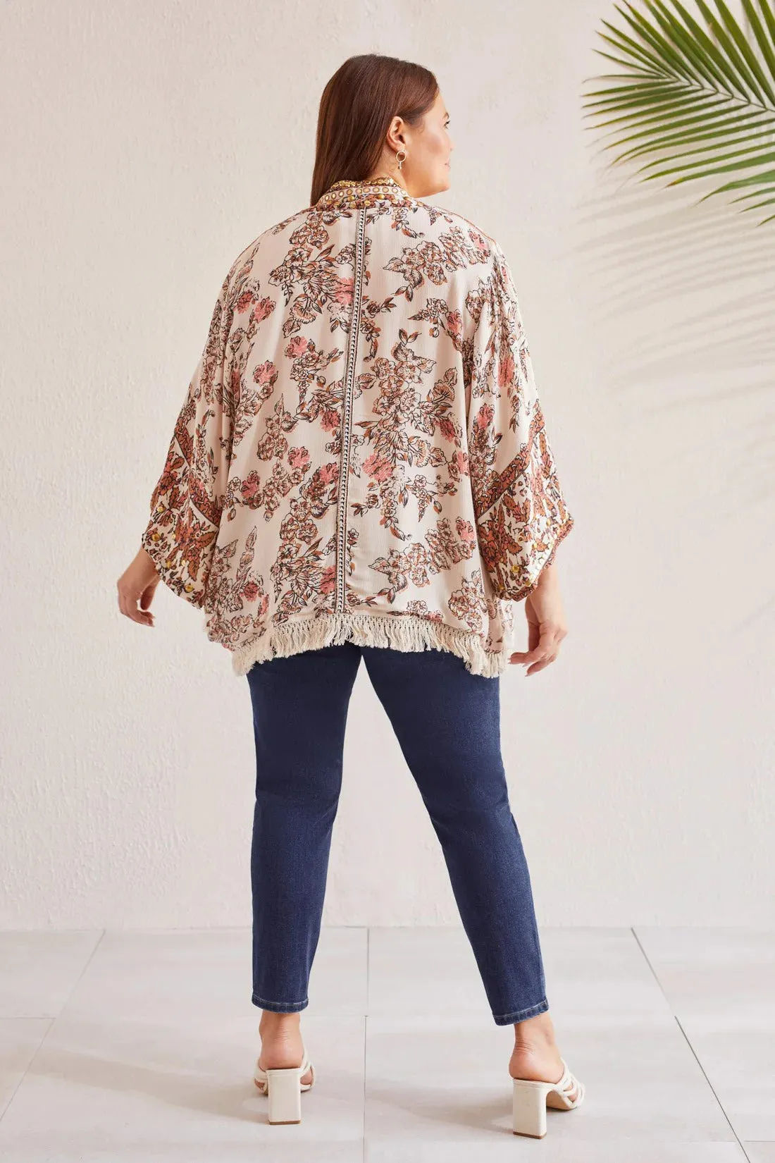 TRIBAL WOMEN'S EMBELLISHED LINED KIMONO -  CASHEW