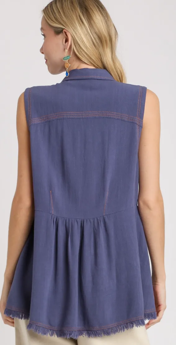 Umgee K7997DN Denim Regular Wash Sleeveless Tunic Top with Stitch & Fray Details