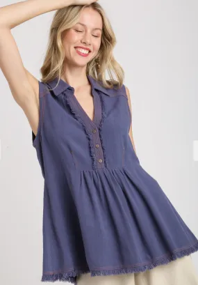 Umgee K7997DN Denim Regular Wash Sleeveless Tunic Top with Stitch & Fray Details