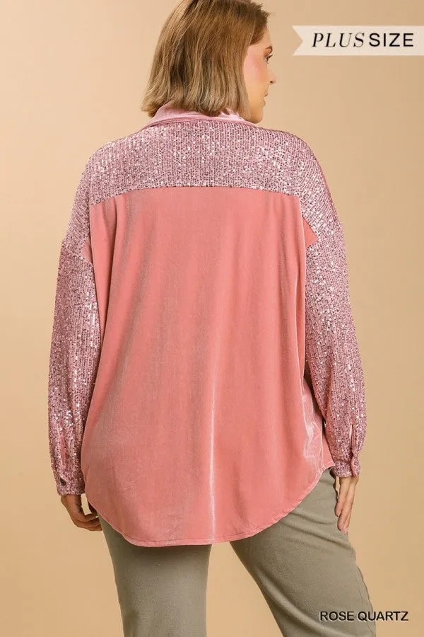Umgee  Rose Velvet Button Down Sequin Sleeves & Pocket